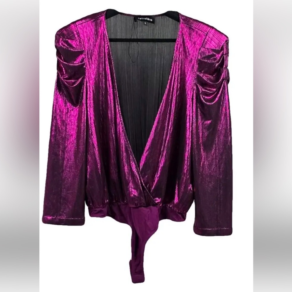 Retrofete Jophiel Metallic Deep V Bodysuit Magenta